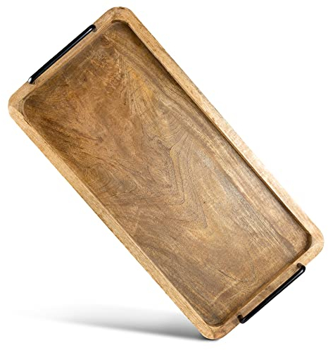 Novaliv Serviertablett aus Mangoholz 60 x 33 x 2,5 cm/hochwertiges Holz Tablett mit Griffen/Robustes Serviertablett mit Henkel für Speisen, Getränke oder als Dekoration