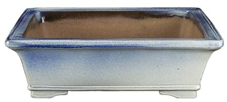 Rechteckige Bonsaischale aus blau-weiss glasiertem Steinzeug 28,5 x 21,5 x 7,5 cm - TY119d