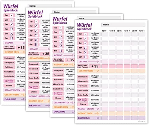 PICTALOO Würfelspiel Block DIN A5 in rosa lila, gut lesbar und übersichtlich gestaltet, moderner Ersatzblock, Spielblock groß, auch Senioren und Kinder geeignet, Würfel Spiel Set, Familienspiel (x4)
