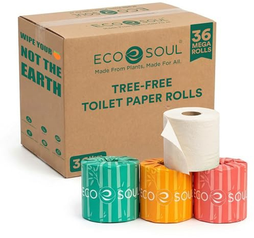 Eco Soul Premium toalettpapper i bambu 3 lager | 36 megarullar | 300 ark vardera | FSC-certifierad allergivänlig, texturerad och hudvänlig septisksäker mjuk badrumsservett miljövänlig kemisk och