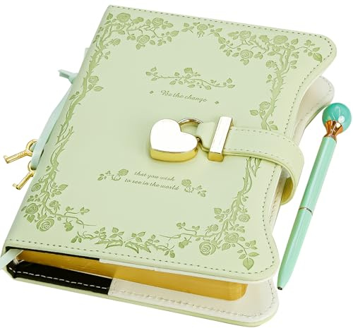 Hoci Poci Diary with Lock and Keys for Girls Gift Ideas, 360 Gold Edged Pages Journal for Women, B6 Refillable Notebook for Writing with Pen and Bookmark (Garden Matcha)