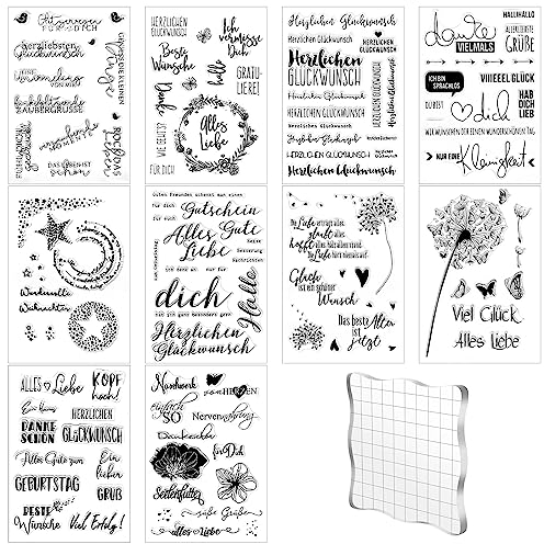 Silikonstempel Set, 10 Bögen Stempel Sprüche Deutsch Stempel Weihnachten Glückwunsch Silikonstempel mit Stempelblock 10x10 cm für Weihnachten Hochzeit Geburtstag Taufe Einladung Karten(10 Stile)