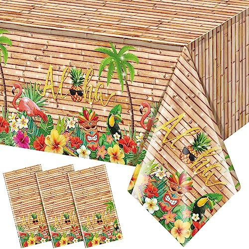 3Pcs Hawaiian Luau Tablecloth Tiki Party Tablecloths Tropical Table Cloth Plastic Disposable Rectangle Tabel Covers for Tiki Bar Tropical Summer Beach Pool Birthday Party Decorations ,108x 54 Inch