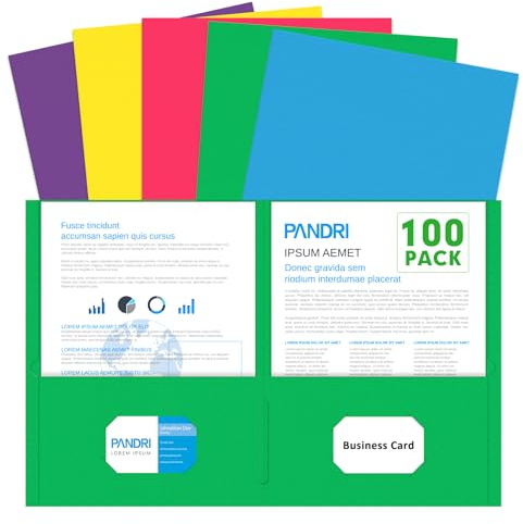 Two Pocket Folders, PANDRI 100 Pack 2 Pocket Folders, Letter Size Paper File Folder for School Office Home Business, Assorted 5 Colors