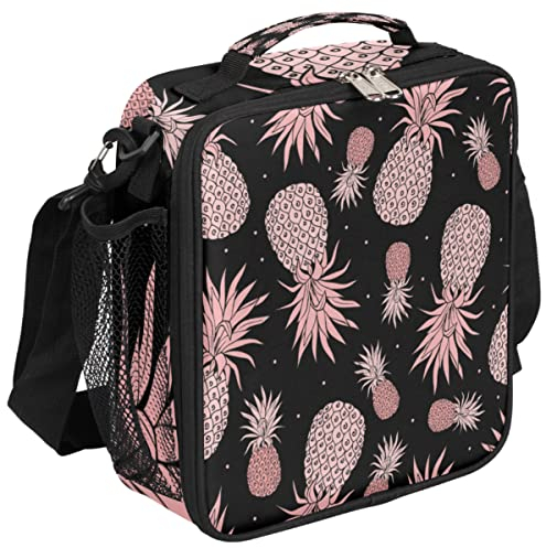 Lonchera de piña rosa, lonchera negra de frutas de verano, bolsa de almuerzo aislada, bolsa térmica con correa de hombro ajustable extraíble para mujeres y hombres, oficina, picnic