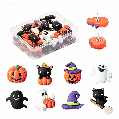 SHTGOI 32 Stück Halloween Thema Reißzwecken Kürbis,Geister,Schwarze Katze,Hexenhut Muster Reißnägel Kunstharz Pinnwandnadeln Daumennägel für Halloween DIY Basteln Fotos Wand Karten Korktafel