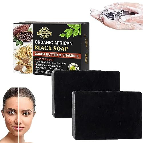 Afrikanische schwarze Seife, Kakaobutter mit Vitamin E, Seife zur Entfernung von Akne und dunklen Flecken, natürliche Gesichtsseife, tief reinigende schwarze Seife, ölkontrollierende Seife für alle Ha