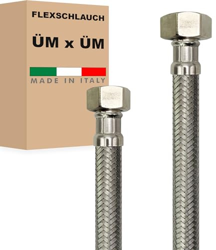 Flexschlauch DN13-1/2 Edelstahl Panzerschlauch Sanitär Hauswasserwerk - Made in Italy (1/2 ÜM x 3/4 ÜM, 150 cm)