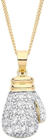 Solid Sterling Silver and 9ct Gold Boxing Glove Simulated Diamond Necklace Pendant for Men and Women. Mens Gold Rhodium Heavy Duty Pendant Necklace for Women and Men. Mens Boxing Gloves Gift. 20