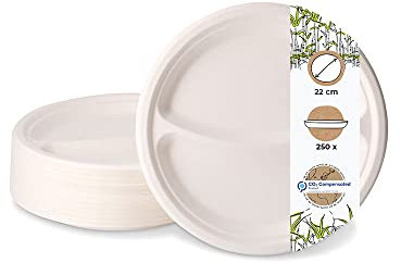 BIOZOYG 250 unidades plato de menú de caña de azúcar con 2 compartimentos Ø 22 cm I Cuencos de bagazo con división resistente a la grasa y al agua I Vajilla desechable compostable