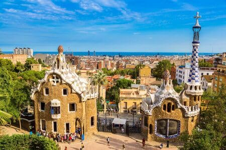 adrium Holz-Bild 90 x 60 cm: Park Güell vom Architekten Gaudi an einem Sommertag in Barcelona, ??Spanien. (43359747)