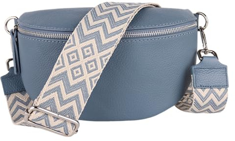 MIRROSI® Bauchtasche Damen, Echtleder, Made in Italy, Umhängetasche, Brusttasche, Crossbody Bag (1 Tasche & 2 Gurte) (Jeansblau (BOHE Jeansblau Beige), Große Tasche (28x18x9cm))