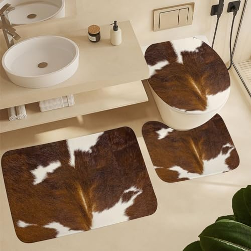 Wc Vorleger Set 3 Teilig Braunes Weißes Rindsleder U-Förmiger Teppich Waschbar Badezimmer Vorleger 3-Teiliges Weiches Badvorleger Schlafzimmer