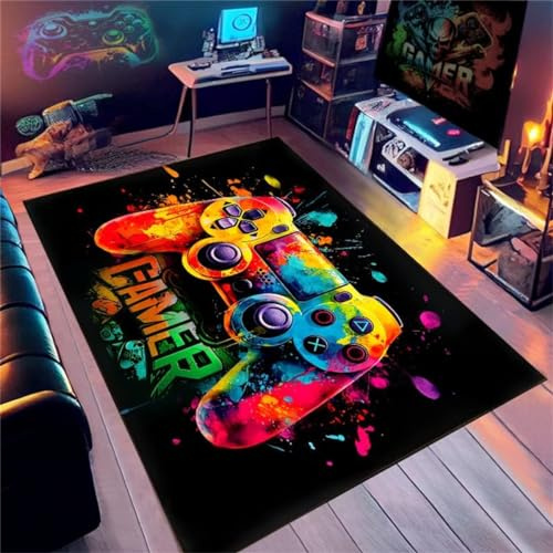 Gaming Teppich Für Kinderzimmer Junge Coole 3D Visual Neon Light Style Anime Graffiti Muster Gaming-Zimmer Dekoration Geeignet E-Sport Zimmer Gaming Zimmer Für Teppich Jungen（Green,120x160cm)