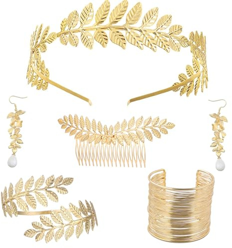 Sprießen 5 Stück Griechische Göttin Kostüm Schmuck Set, Hochzeit Brautschmuck, Oberarmreif, Ohrringe, Lorbeerkranz, Haarspange, Armband Goldene Hochzeit, Boho Blatt Haar Krone Accessories
