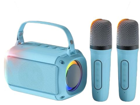 Micrófono inalámbrico Karaoke Bluetooth portátil dos micrófonos para niños y adultos, luces LED, reproductor de música, altavoces, tarjeta TF, USB, conectividad AUX (azul (2 micrófonos))