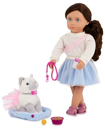 Our Generation Mindy & Pepper, 46-cm-Puppe mit Plüschkätzchen | 46 cm-Puppe mit 15 cm Plüschkätzchen, Bett, Tutu, Halsband, Leine, Ball, Futter und Milchflasche, Mindy und Pepper, 5+ Jahre