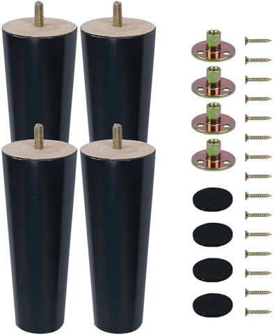 KINDPMA 4PCS Wooden Furniture Legs 15cm Solid Wood Sofa Legs Chair Legs Black Furniture Replacement Feet with Mounting Plates Screws Non-Slip Mat for Chair Bed Couch Table TV Cabinet