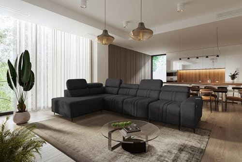 All4All Ecksofa mit Schlaffunktion Fabio XI 340 cm x 211 cm - Eckcouch mit Bettkasten - Wohnlandschaft in L-Form - Modern - Loft Stil - XXL Sofa - Seite Links - Anthrazit - Easy Clean Stoff 26