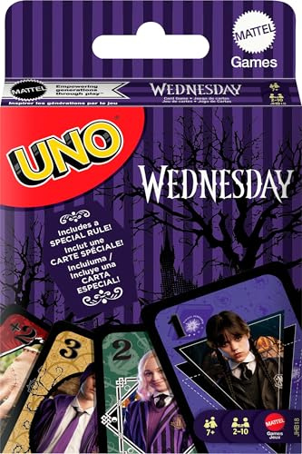 Mattel Games UNO onsdag kortspel för barn, vuxna och familjekvällar, fester, resor och camping, leksakssamlarobjekt inspirerade av serien, JHB18