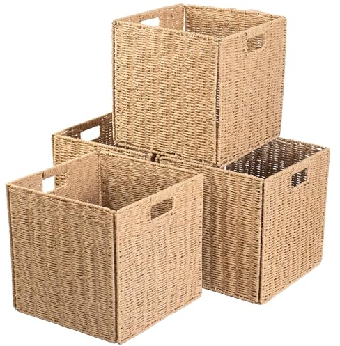 Foldable Square Baskets Set of 4, Paper Woven Storage Cube Bins with Handles for Shelves Cubby Organizing (Natural, 13'' x 13'' x 13'')