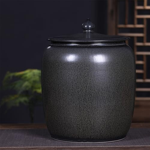 Diodceraic Classic Food Dispensers Ceramic Rice Bucket Large Kitchen Food Canisters Household Rice Barrel Medicinal Ceramic Rice Container Ceramic Rice Jar For Rice, Flour, Pet Food(Black,25KG)