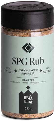 BBQ KING - S.P.G. Rub Confezione da 230 Gr, Salt Pepper Garlic Dry Rub Bbq Ideale per Barbecue e Grill, Set Spezie Cucina 100% Made in Italy, Miscela di Spezie a Base di Sale, Pepe ed Aglio
