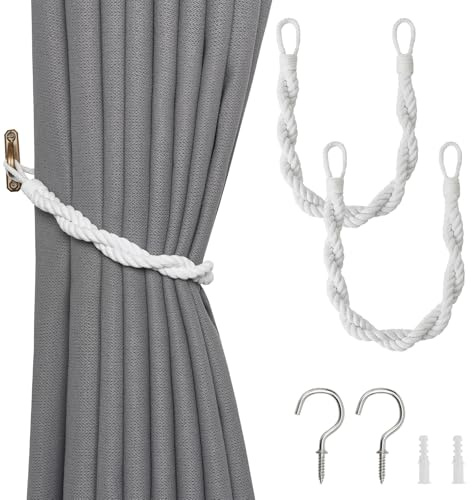Pretty Jolly 2 Pack Natural Cotton Rope Curtain Tiebacks Elegant Boho Style Decor Drape Tie Backs Soft Hand-Woven Double Rope Curtain Holdbacks with Metal Hook for Home & Office Drapery (White)