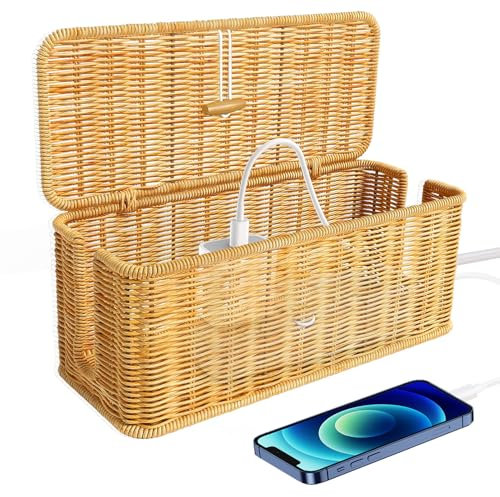 Bocguy Kabelbox, Rattan Kabelmanagement Box, Kabel Organizer Box, Hand-Woven Wire Storage für Kabelsalat Verstecken Schreibtisch, Tv Drähte Power Strip, für Büro, Haus