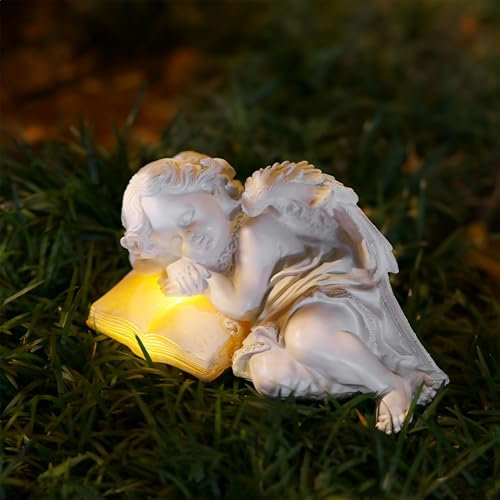 Tuzsocr Statue da giardino a forma di angelo custode, con luci a LED, resistente alle intemperie, piccola scultura a forma di angelo per tomba/cimitero, resistente al gelo per prato, cortile,