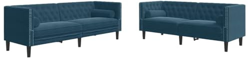 vidaXL Chesterfield Sofa Set mit Nackenrollen 2-TLG., Sofagarnitur mit Kissen, Sitzgruppe für Wohnzimmer, Polstersofa Couch Sessel, Blau Samt