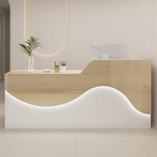 YQMHEZ Banco Reception, Bancone Cassa, Reception Front Desk con Luce LED, Bancone della Reception con Cassetto Bloccabile E Deflettore A L(Natural+White,120cm)
