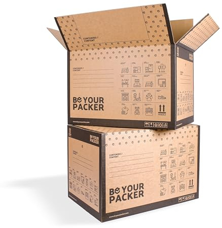Cajas de Mudanza Grandes 60x40x40 cm con Asas Pack 100 | Be Your Packer | Cartón resistente fabricado en España. Con asas, ideal para transportar libros, ropa y vajilla. Envío rápido 24h.