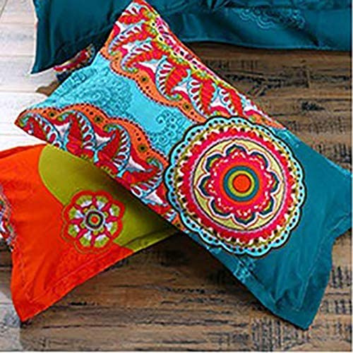 Freyamy Boho Kissenbezug 40x80 2erSet Türkis Bunt Böhmisch Kopfkissenbezug | Aesthetic Bettwäsche Vintage Exotische,Indischen,Microfaser ÖKO-TEX, 2 Bettbezug mit Reißverschluss und 2 Kissenbezug 80x80cm