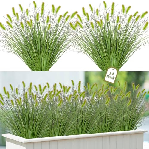 14PCS Green Artificial Cat Tail Grass UV Resistant Faux Cattails Outdoor
