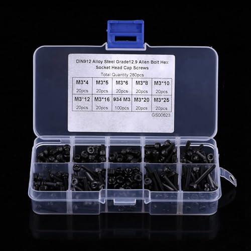 280Pcs M3 Black Hex Socket Cheese Head Screws Kit with Nuts and Washer, 12.9 Grade, 4-25mm Length for Household and Office Equipment Fasteners, Ship Assembly, Machinery