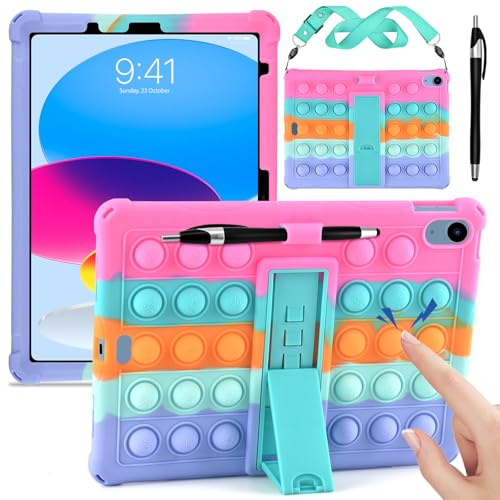 KATUMO Silicone Case for iPad A16 11th Gen 11 2025 / 10th Gen 10.9 2022 | Soft Rubber Cover, with Stand Stylus Pen Shoulder Strap, Colorful Fidget Bubble Stress Relief
