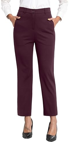 GRECERELLE - Pantalones de trabajo para mujer, elegantes para la oficina, elásticos, con cintura alta, pierna recta, casuales, de yoga, con bolsillos y cremallera, rojo vino, XXL
