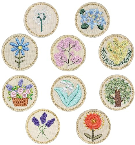 10PCS Flowers Themed Iron on Patches, Campanula Sunflowers Lavender Sakura Embroidered Applique Patch, Round Floral Sew on Emblem for Clothes Backpack Jeans Jacket Shirt Hat Bag DIY Sewing Crafts