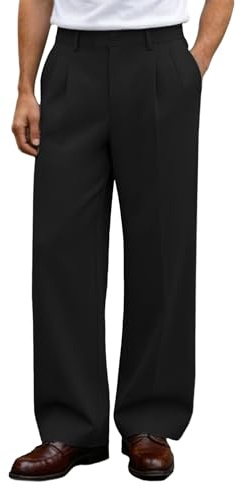 FEDTOSING Baggy Dress Trousers Men Old Money Pleated High Waist Casual Pants for Men Loose Fit Mens Black Slacks with Pockets