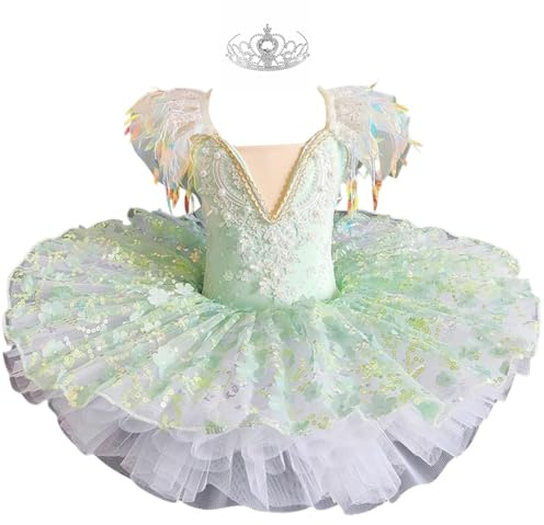 Blommig paljett för flickor Pannkaka Tutu Balettklänning, Barn Svansjön Prinsessan Ballerina kostym,Green,120