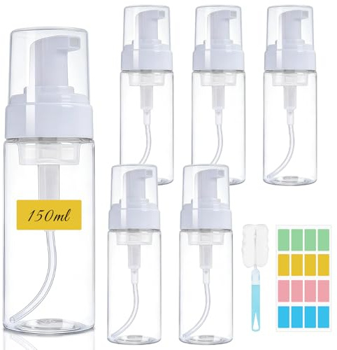Maxumille 6 Pièces Flacon Mousseur Vide 150ml, Rechargeables Distributeur de Savon Mousse, Plastique Flacon Pompe, Bouteille Moussante avec Autocollant, Brosse pour Nettoyant Savon Shampooing