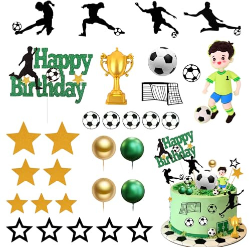Biamaleu Tortendeko Fussball, 31 Stück Kuchen deko Fußball Deko Geburtstag | mit Mini Trophäe, Happy Birthday Tortendeko, für Thema Party, Geburtstag, Wettbewerb
