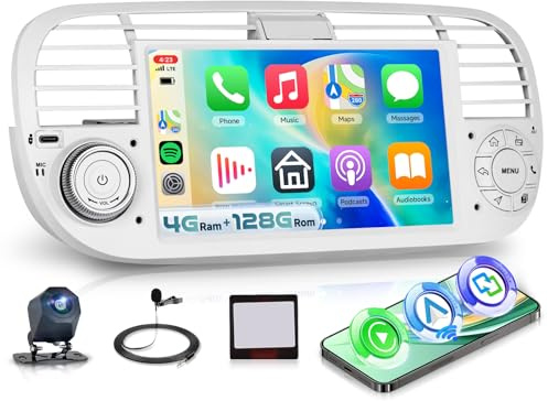 4G+128G Android 15 Car Radio Stereo for Fiat 500 2007-2015(White) 5GWiFi | Hodozzy 7 HD IPS Touchscreen Radio with USB/Type-C Wireless Carplay Android Auto BT 5.0 GPS FM/RDS SWC Reverse Camera