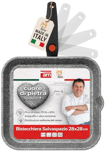 AKITAInk Bistecchiera Antiaderente Linea Cuore di Pietra 28x28 cm con Manico Pieghevole Salvaspazio - Effetto Pietra, Compatibile con Induzione