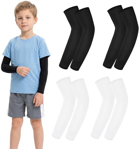 SRLWMYI Manguitos para niños, 4 pares, protección UV, mangas y calentadores para niños, para baloncesto, voleibol, fútbol, manga elástica para niños y niñas de 4 a 12 años