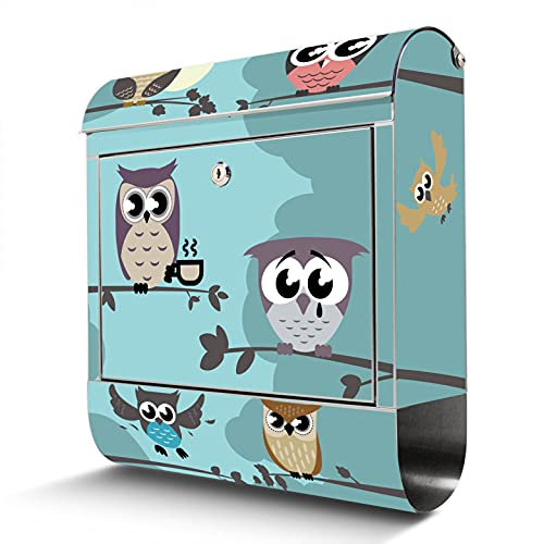 banjado® Briefkasten Edelstahl mit Motiv Acht Eulen 38x43x12cm & 2 Schlüssel - rostfreier Edelstahl Briefkasten mit Zeitungsfach - Postkasten A4 Einwurf inkl. Montagematerial
