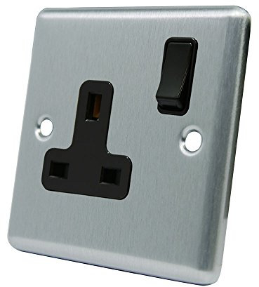 AET CSC1GSOCBL Satin Chrome Classical 1 Gang Black Insert Plastic Rocker Switch-13 Amp Single Plug Socket, 240 V