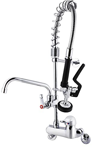 MaxSen 4 - 8 Inch Adjustable Center Wall Mount 25'' Height Commercial Kitchen Sink Faucet Brass Mini Pre Rinse Unit with Spray Value and 8 Inch Add on Spout ，Single Handle(M6810-1P)