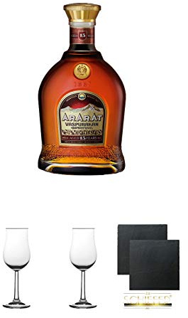 Ararat Prazdnichny - 15 Jahre Brandy 0,5 Liter + 2 Bugatti Nosing Gläser mit Eichstrich 2cl und 4cl + 2 Schiefer Glasuntersetzer eckig ca. 9,5 cm Ø